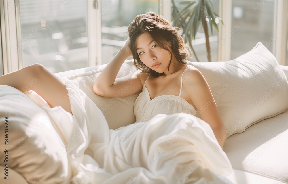 Fashion photo of a beautiful young woman wearing a lace dress, relaxing and smiling in a bright room, on the white couch Fashion photo of a beautiful young woman wearing a lace dress, relaxing and smiling in a bright room, on the white couch