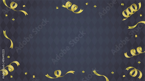 くるっとした金色リボンと紙吹雪の背景フレーム枠赤い(黒背景)