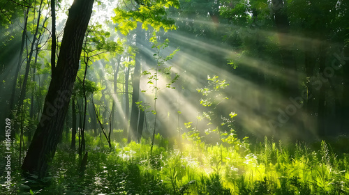 Beautiful green forest with tall trees and sunlight rays through the leaves, spring nature landscape background #816415269