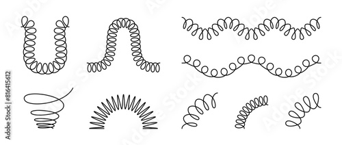 Spiral spring set. Black wire coil springs collection. Thin wire frames, zigzag lines, metal waves, flexible coils and arch elements pack for graphic design templates, decor, border. Vector bundle