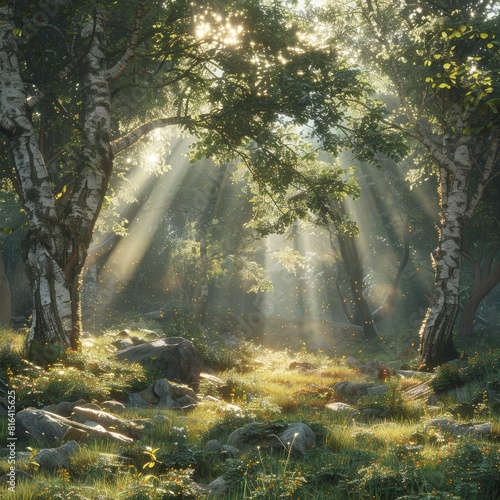 The photo shows a beautiful forest with green trees  grass  and sunlight shining through the trees.