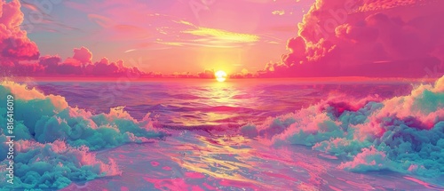 The image shows a beautiful sunset over the ocean