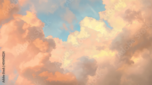 Background of Renaissance cloud sky Painting: Peach, Coral, Golden Clouds at Dawn Against Blue Sky - Beautiful Art 