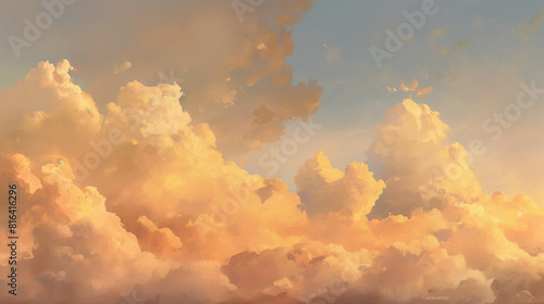 Background of Renaissance cloud sky Painting: Peach, Coral, Golden Clouds at Dawn Against Blue Sky - Beautiful Art 