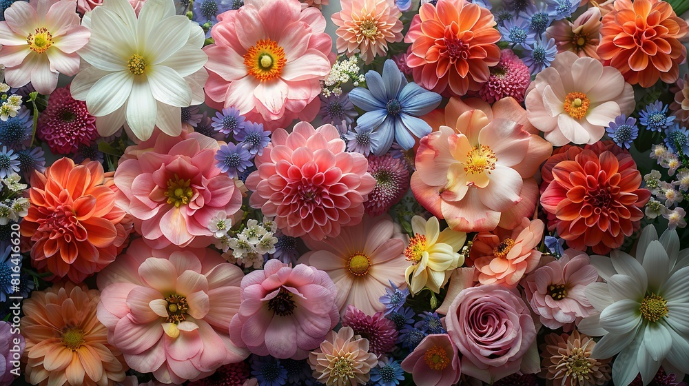 Creative layout made of various flowers. Flat lay delicate colors bouquet Creative layout made of various flowers. Flat lay delicate colors bouquet