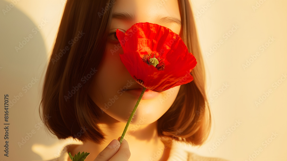 Young girl hiding face with red poppy flower on pastel beige background with aesthetic sunlight shadow : Generative AI Young girl hiding face with red poppy flower on pastel beige background with aesthetic sunlight shadow : Generative AI