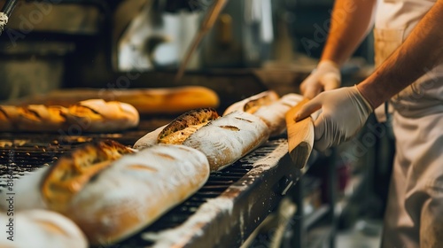 Close up of baker is taking off from oven the french baguette bread with wood peel at baking manufacture factory French baguette bread bakery factory concept : Generative AI photo