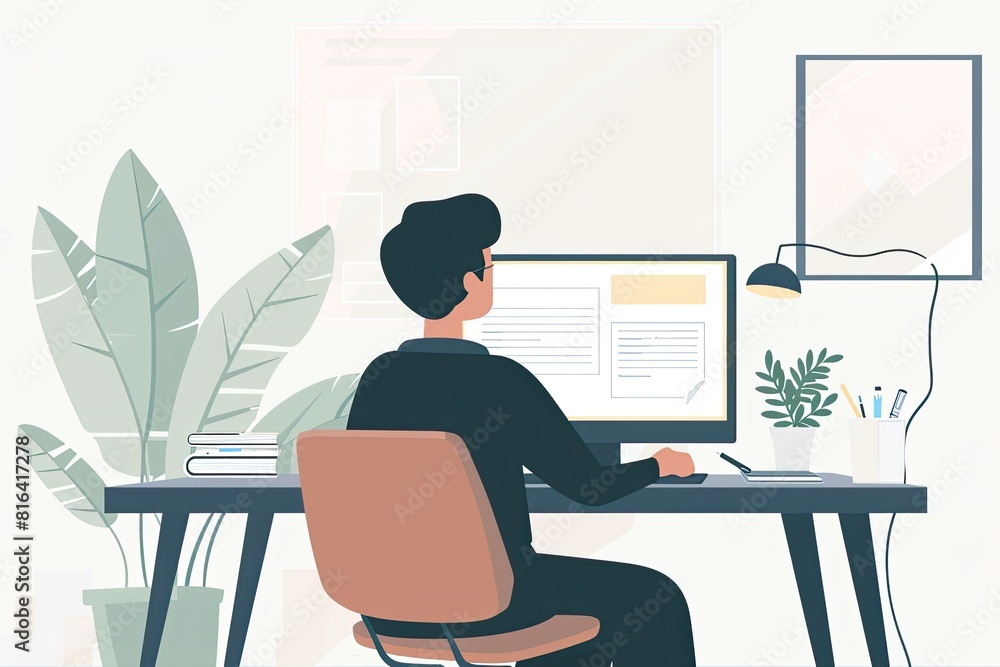 A professional is researching on a desktop computer in a minimalist and well-lit study room. Simple and minimalist flat Vector Illustration A professional is researching on a desktop computer in a minimalist and well-lit study room. Simple and minimalist flat Vector Illustration