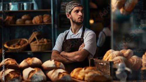 Picture of young concentrated man baker standing at bakery near bread Looking aside   Generative AI