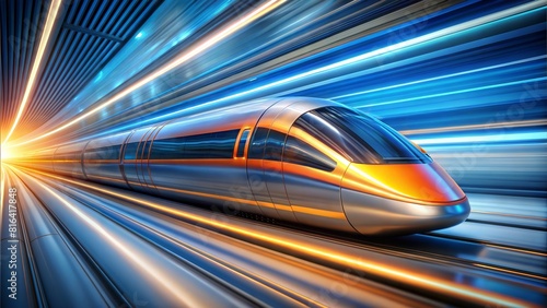 Red train streaks through the city in a blur of light and motion