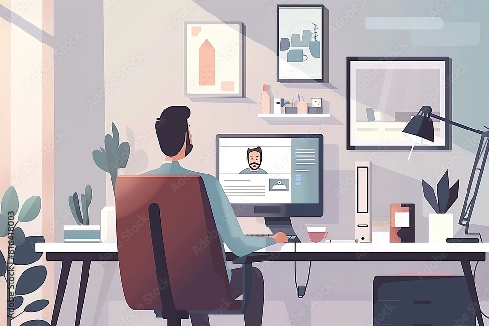 Fototapeta premium A professional is video conferencing on a computer in a clean and organized study corner. Simple and minimalist flat Vector Illustration