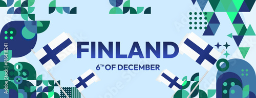 Finland Independence Day banner in geometric style. Colorful modern greeting card for National day of Finland in December. Design background for celebrating National holiday