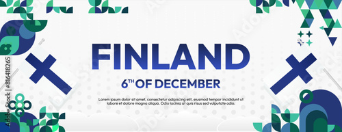 Finland Independence Day banner in geometric style. Colorful modern greeting card for National day of Finland in December. Design background for celebrating National holiday