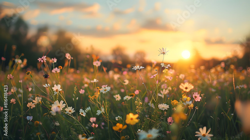 Beautiful prairie wildflower meadow at sunset, landscape photography. The meadow showed wildflowers in the style of nature at sunset