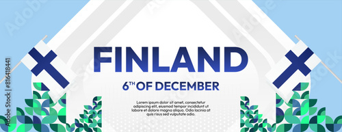 Finland Independence Day banner in geometric style. Colorful modern greeting card for National day of Finland in December. Design background for celebrating National holiday
