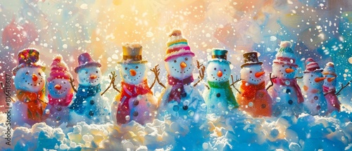 dot painting of A group of snowmen of various sizes and wearing different colored hats and scarves are standing in a snowy field
