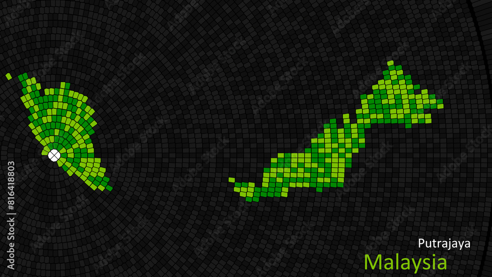 Fototapeta premium A map of Malaysia is presented as a mosaic with a dark background, and the country's borders are outlined in the shape of a colorful mosaic, centered around the capital city.