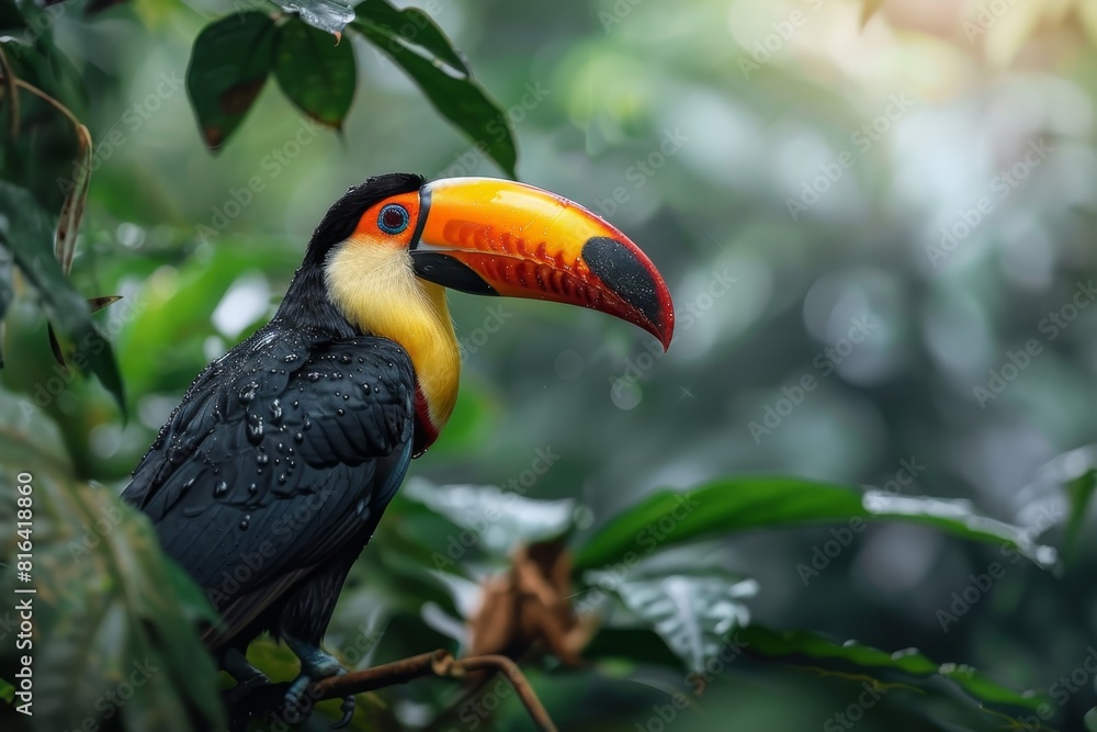 Fototapeta premium A bright renkli tucan sits on a branch in the rainforest