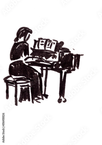 woman musician pianist at the piano, graphic black and white sketch