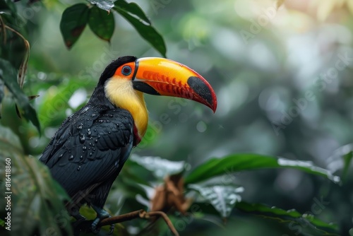 A bright renkli tucan sits on a branch in the rainforest
