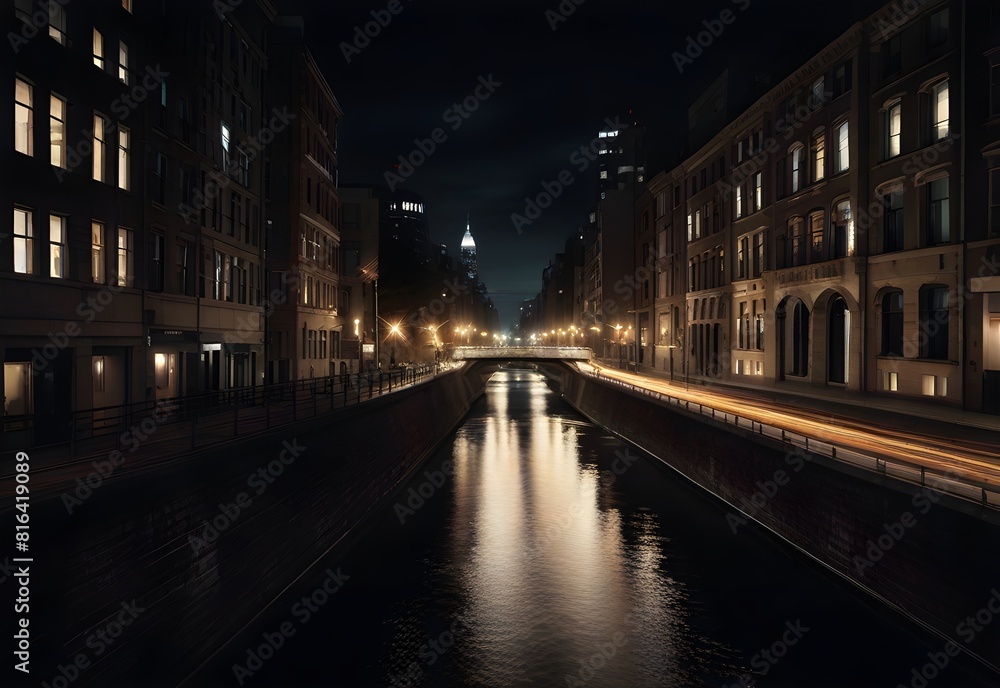a river of light flowing through a dark city, generative AI a river of light flowing through a dark city, generative AI