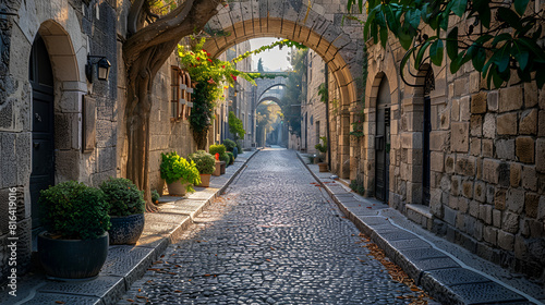 Ancient stone arch in the ancient wall of the minaret Burgos Cathedral  Burgos City  Spain Horizontal view on the narrow alley in Kotor between stone buildings  Generative  Ai