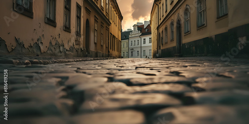 Rua de paralelepípedos com edifícios estreitos estilo europeu antigo © Alexandre