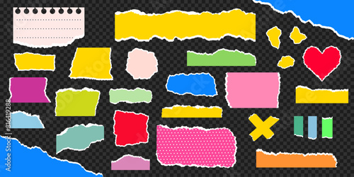 Pieces of torn colored paper on transparent background. Set of torn paper with rough uneven edges. Paper of different shapes and sizes isolated on background