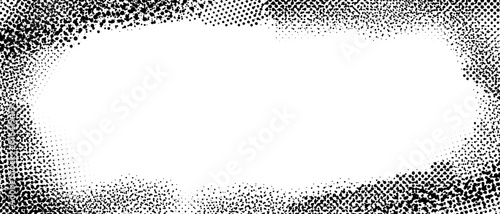 Splayed grunge frame. Halftone dotted edge border for poster, cover, banner, booklet, brochure, magazine, leaflet. Vintage grain scratched background. Textured pop art comic cartoon wallpaper. Vector