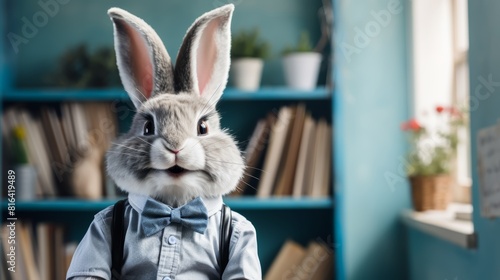 A photo of a well-dressed rabbit wearing a bow tie. The rabbit is sitting in a library, looking at the camera with a curious expression. photo