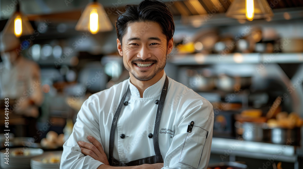 Smiling Asian male chef wearing clean white chef uniform standing confidently with folded hands inside blurred modern kitchen Smiling Asian male chef wearing clean white chef uniform standing confidently with folded hands inside blurred modern kitchen