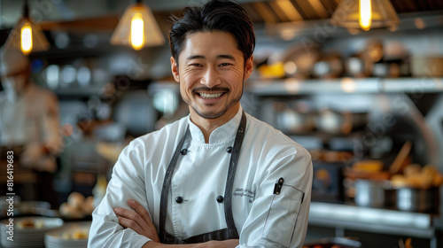 Smiling Asian male chef wearing clean white chef uniform standing confidently with folded hands inside blurred modern kitchen