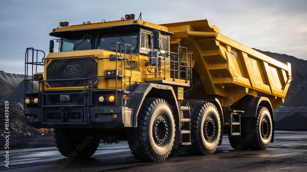 Obraz premium A close-up shot of a large yellow mining truck for transportation in anthracite coal mining.