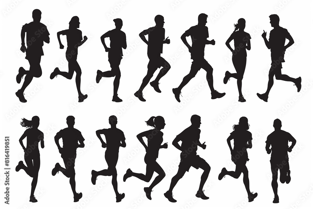Collection of running men and women on white background, silhouettes, vector Collection of running men and women on white background, silhouettes, vector