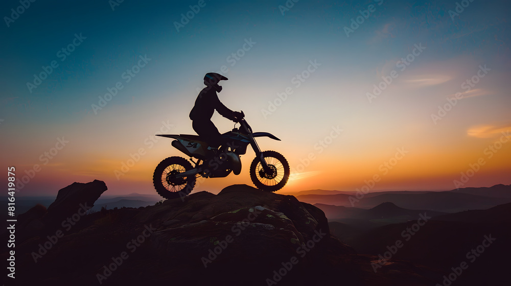 Man with motocross bike against beautiful lights silhouette of a man with motocross motorcycle On top of rock high mountain at beautiful sunset enduro motorcycle travel concept : Generative AI Man with motocross bike against beautiful lights silhouette of a man with motocross motorcycle On top of rock high mountain at beautiful sunset enduro motorcycle travel concept : Generative AI