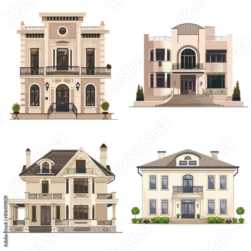 A set of four elegant vector illustrations of luxurious and historical houses with intricate architectural details. Perfect for real estate, mansion designs, property investment, and heritage homes.