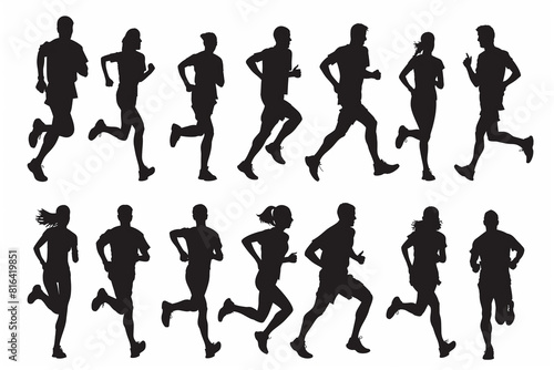 Collection of running men and women on white background  silhouettes  vector