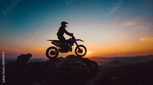 Man with motocross bike against beautiful lights silhouette of a man with motocross motorcycle On top of rock high mountain at beautiful sunset enduro motorcycle travel concept : Generative AI