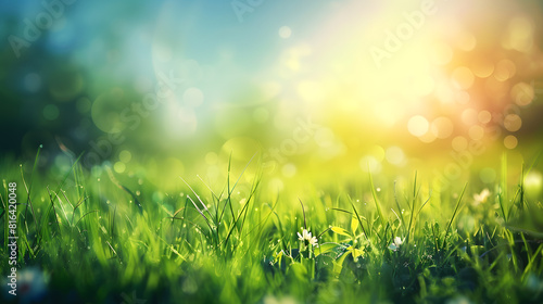 Fototapeta Naklejka Na Ścianę i Meble -  Beautiful spring background with fresh green grass and blue sky. Abstract natural summer landscape. Blurred sunny meadow