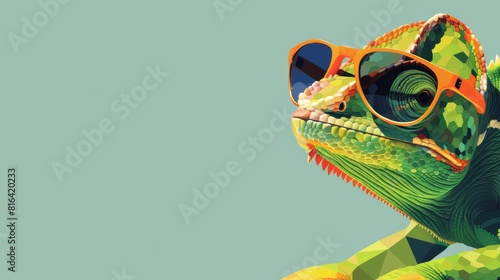 Faceted Chameleon with Sunglasses: Minimalist Digital Art © Aykhan