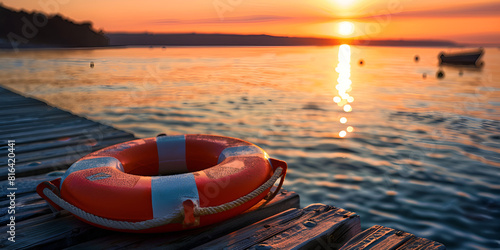 Orange life buoy in the pool orange lifebuoy on a background of water Summer vacation concept