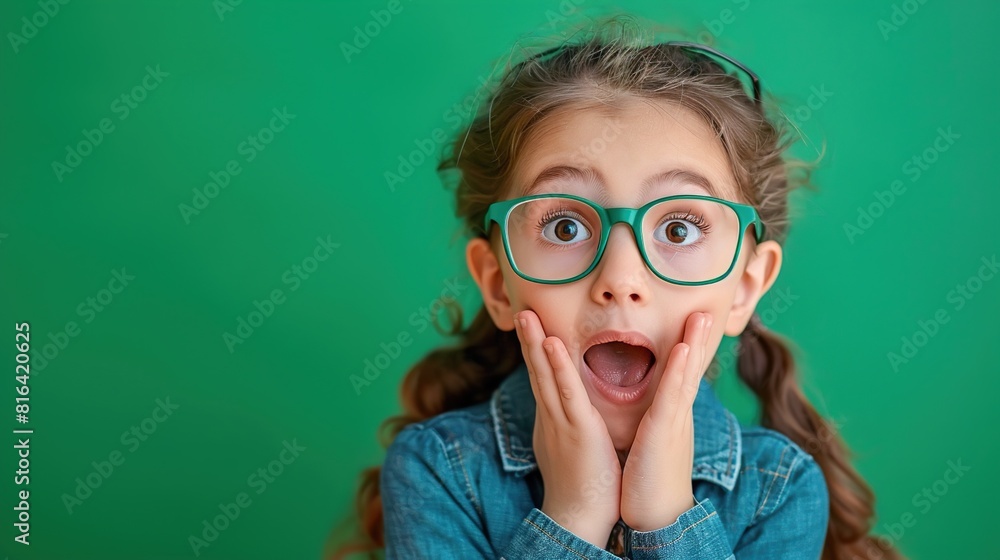 Cute girl with surprised glasses looking at the camera with a colored background. Expressions of joy, shock, omg wow. Cute girl with surprised glasses looking at the camera with a colored background. Expressions of joy, shock, omg wow.