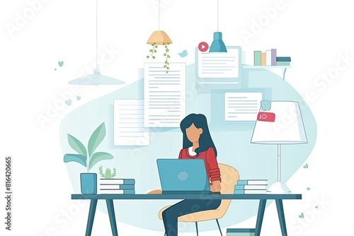 A social media manager is scheduling posts on a laptop in a chic and organized study area. Simple and minimalist flat Vector Illustration