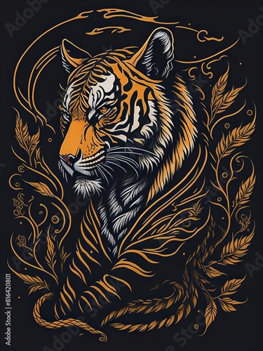 Victorian Tiger Drawing in Antique Style with Ornate Details. Victorian Tattoo Art. Suitable for T-Shirt Design Inspiration. 