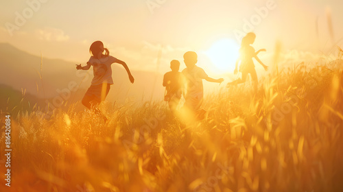 Group of happy people playing at summer sunset in nature   Generative AI