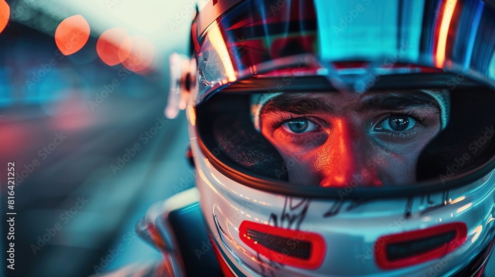 Close-up portrait of a rider wearing a red helmet with the protective glass open. Close-up portrait of a rider wearing a red helmet with the protective glass open.