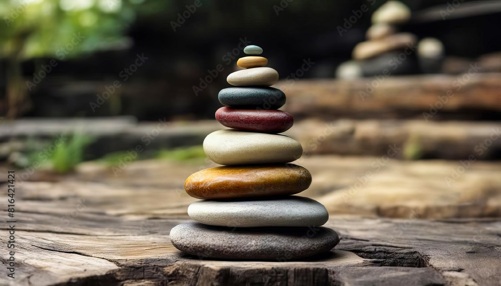 Balanced Stone Stacks on Wooden Surface in Serene Outdoor Setting. Two towers of smoothly rounded multicolored stones balance carefully atop rustic wood table against blurred natural background. Balanced Stone Stacks on Wooden Surface in Serene Outdoor Setting. Two towers of smoothly rounded multicolored stones balance carefully atop rustic wood table against blurred natural background.