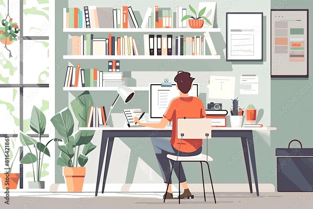 A teacher is preparing lesson plans at a table in a clean and organized study nook. Simple and minimalist flat Vector Illustration A teacher is preparing lesson plans at a table in a clean and organized study nook. Simple and minimalist flat Vector Illustration