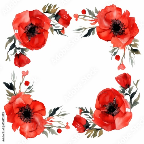 poppy themed frame or border for photos and text. vibrant red petals and black centers. watercolor illustration  wreath  frame  flowers  invitation  branches  poppy.