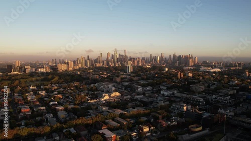 Aerial View, Melbourne Australia Cityscape Skyline at Sunrise, Establishing Drone Shot photo